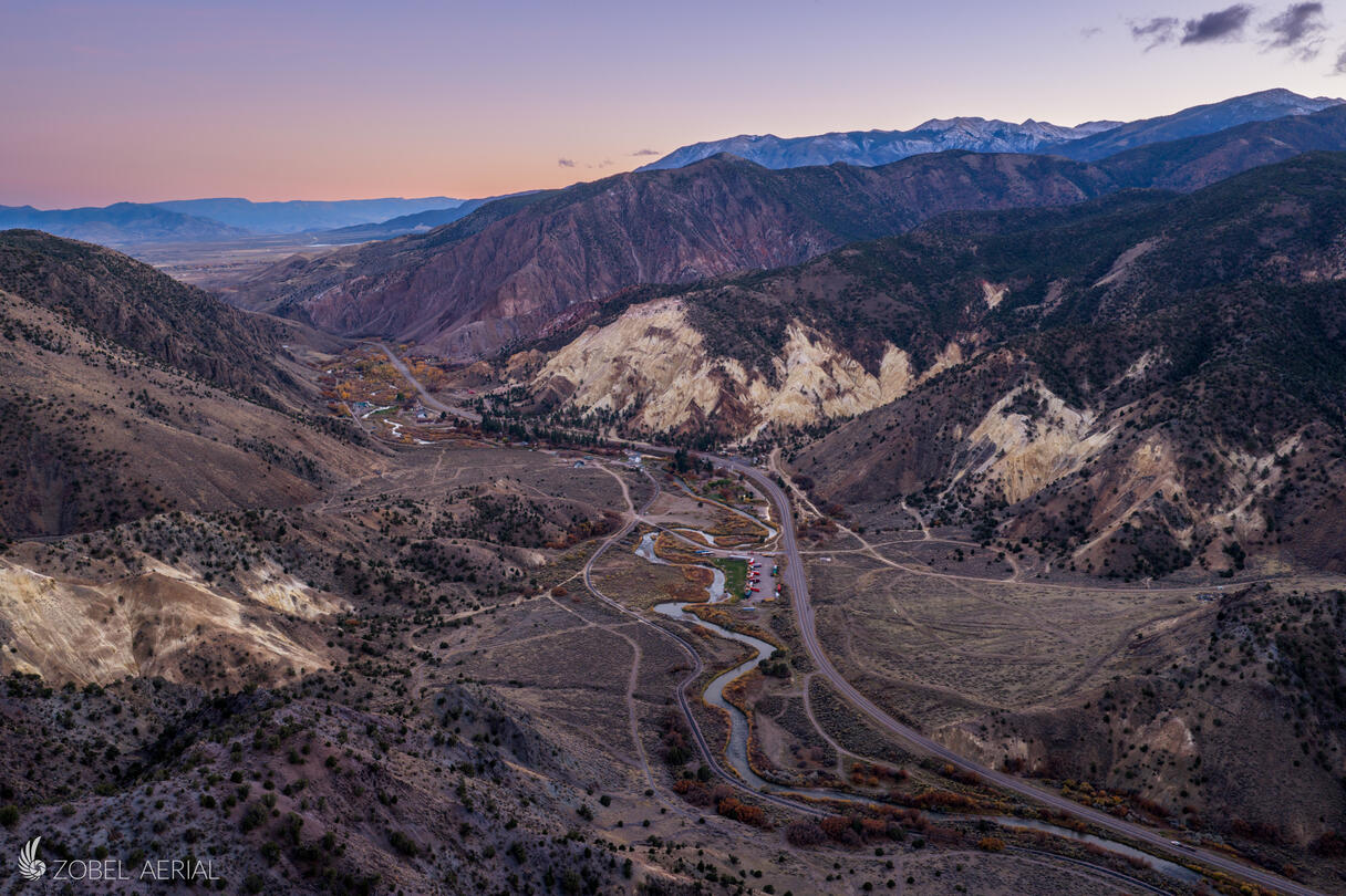 Aerial Photo of Big Rock Candy Mountain Utah at dusk