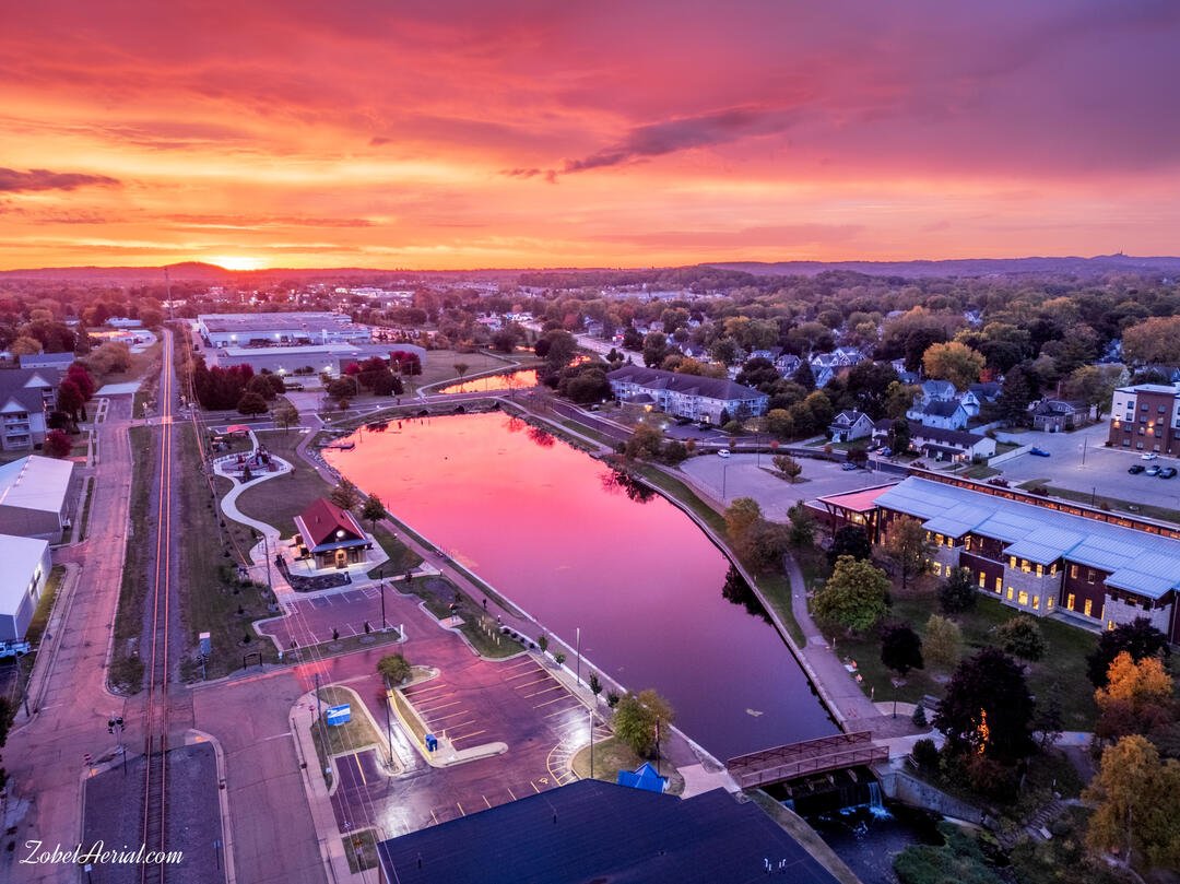 Aerial photo of Hartford WI at sunrise